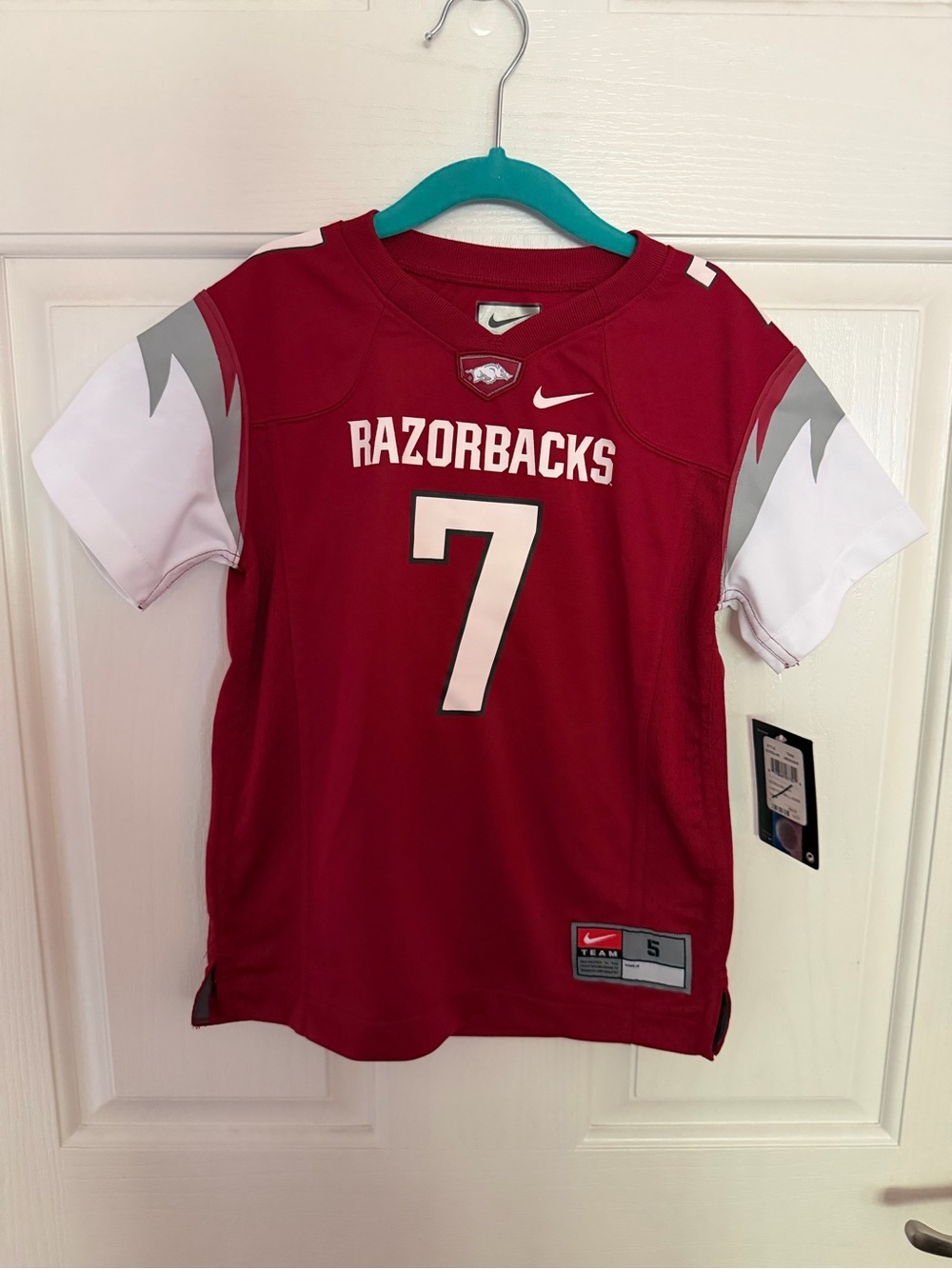 Nike Kids Arkansas Razorbacks Cardinal Red and White #7 Football Jersey